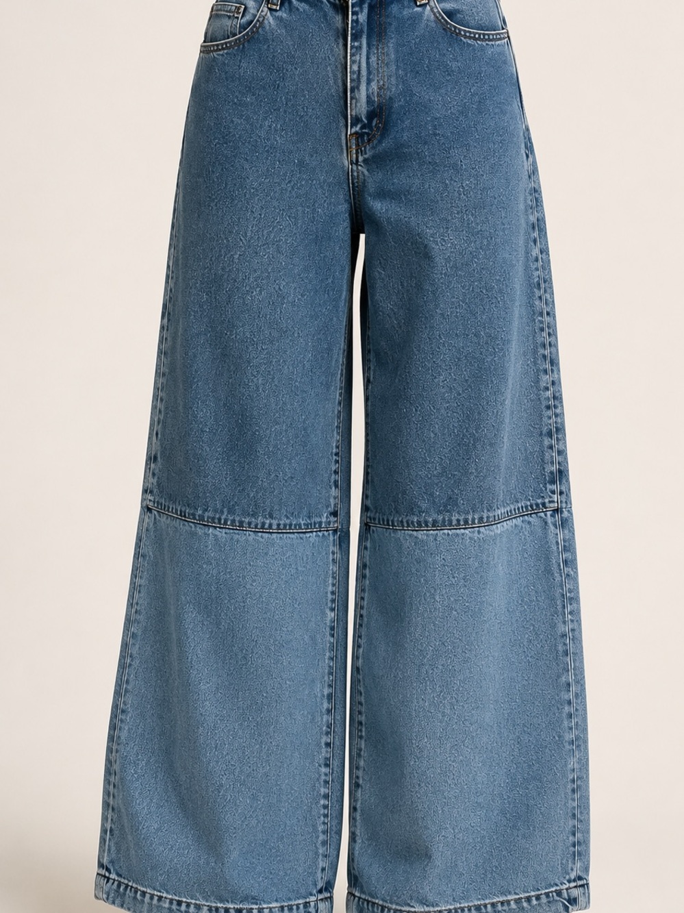 Panel-Seamed Wide Leg Jeans in Medium Blue Denim